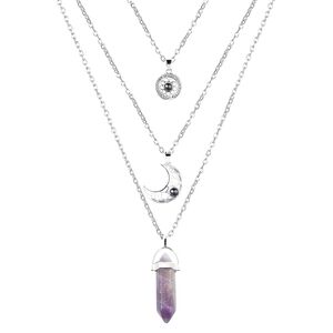 Filigree Cresent Moon & Star Amethyst Pendant Layered Necklace Set NWT